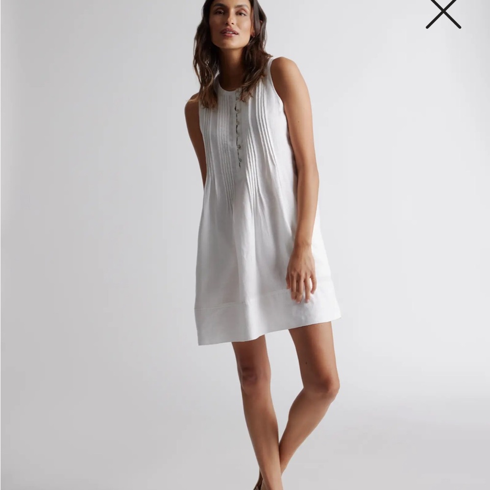 White Linen Sleeveless Dress with Button Detail